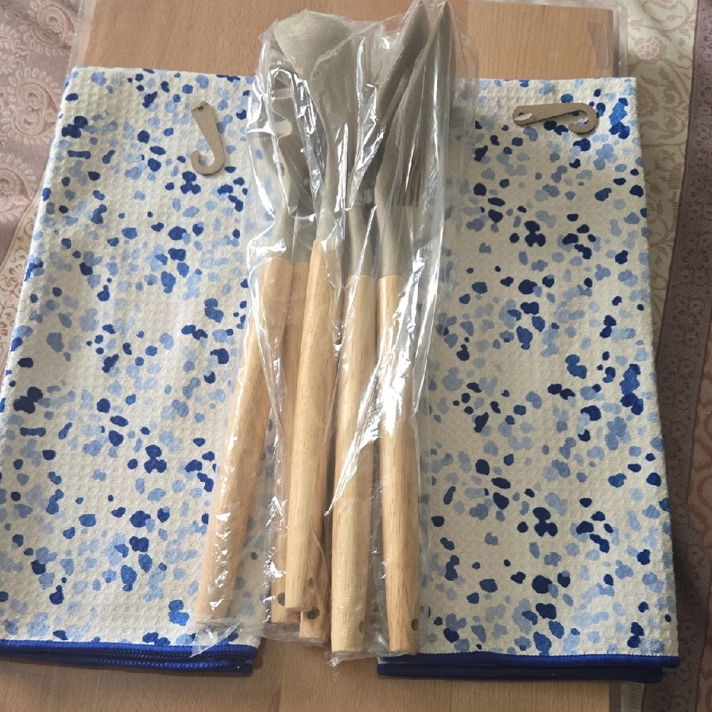 Blue and White Speckled Towels with Wooden Utensils